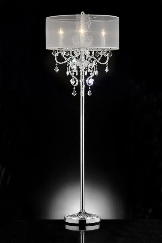 63" Silver Three Light Candelabra Floor Lamp With White Acrylic Drum Shade HomeRoots