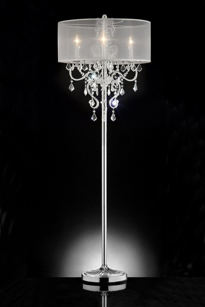 63" Silver Metal Three Light Candelabra Floor Lamp With White Acrylic Drum Shade HomeRoots