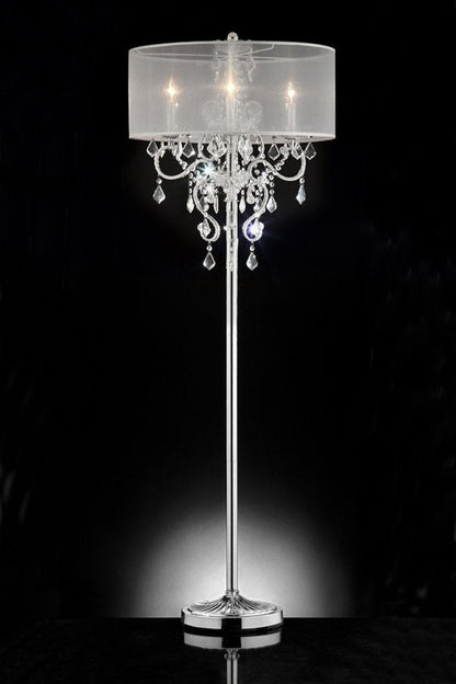 63" Silver Metal Three Light Candelabra Floor Lamp With White Acrylic Drum Shade HomeRoots