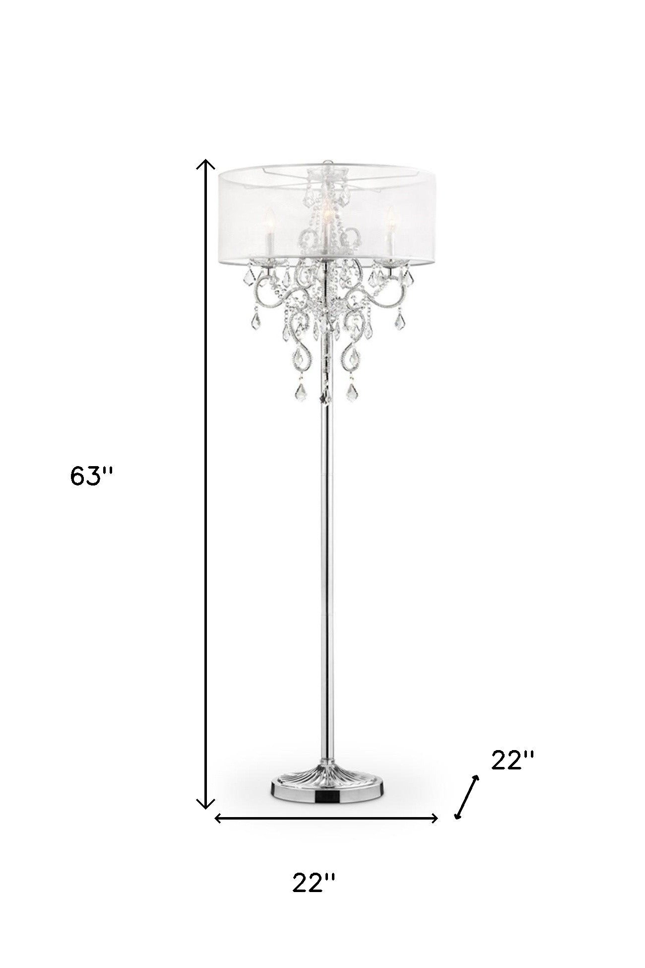 63" Steel Three Light Candelabra Floor Lamp With White Drum Shade