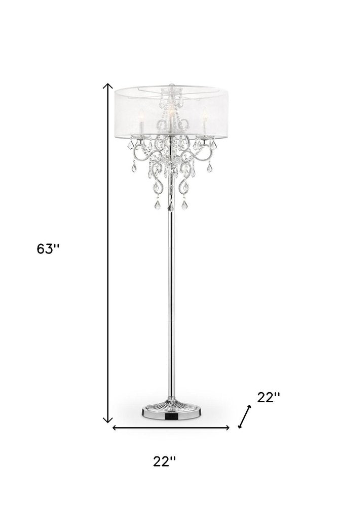 63" Silver Metal Three Light Candelabra Floor Lamp With White Acrylic Drum Shade HomeRoots