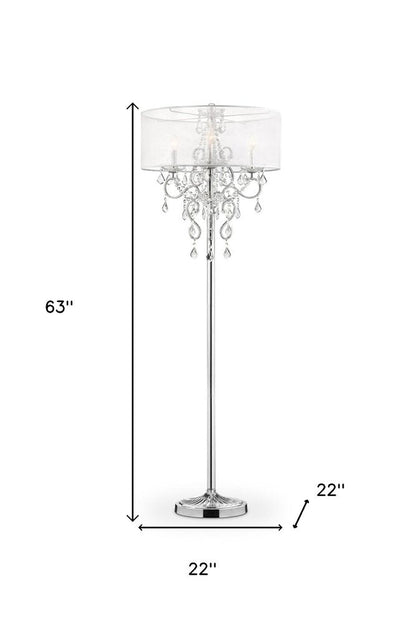 63" Silver Metal Three Light Candelabra Floor Lamp With White Acrylic Drum Shade HomeRoots