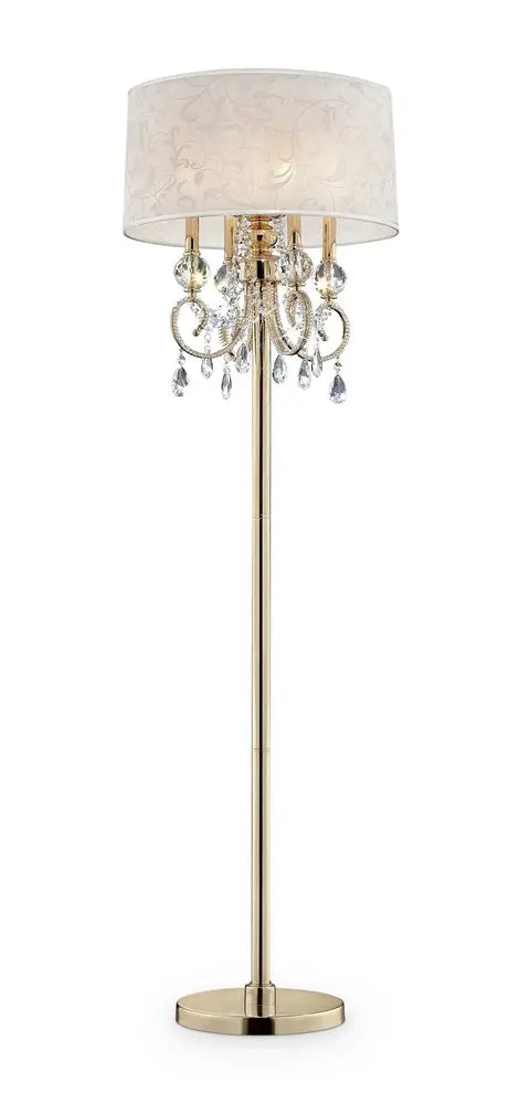 63" Gold And White Crystal And Metal Four Light Candelabra Floor Lamp With White Fabric Drum Shade HomeRoots