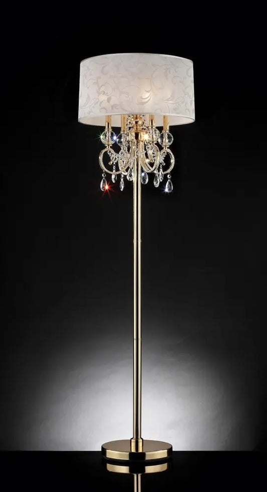 63" Gold And White Crystal And Metal Four Light Candelabra Floor Lamp With White Fabric Drum Shade HomeRoots