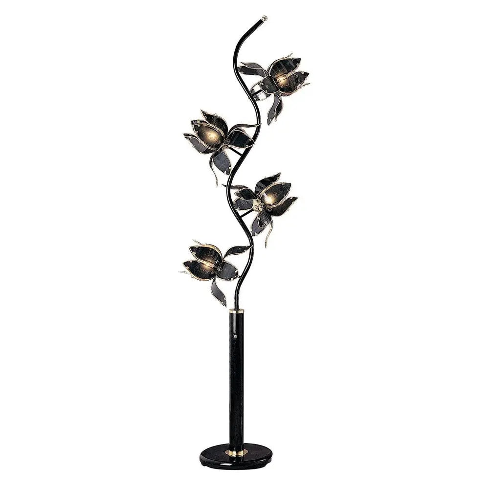 73" Black Four Light Floral Floor Lamp With Black and Gold Glass Shades HomeRoots