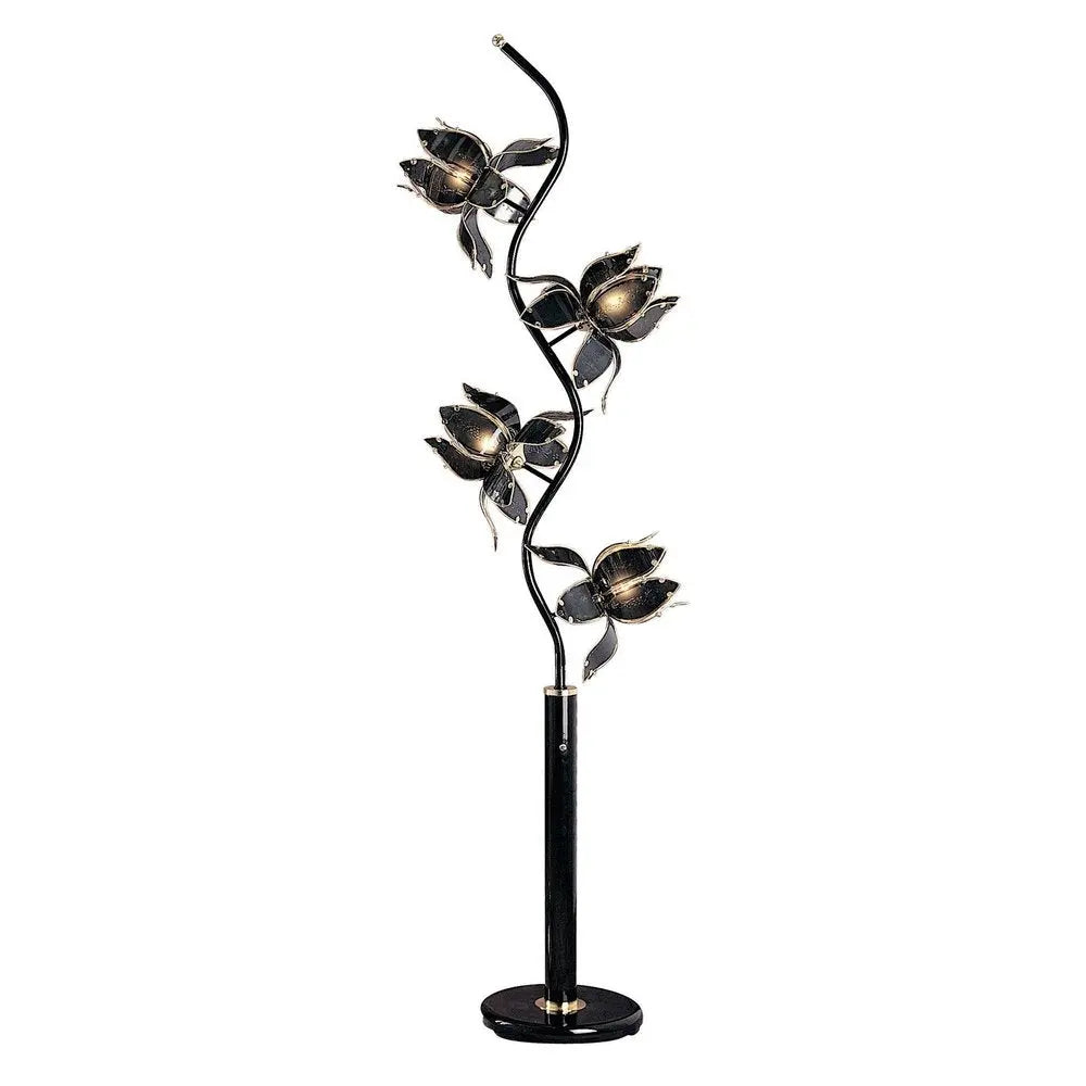 73" Black Four Light Floral Floor Lamp With Black and Gold Glass Shades HomeRoots