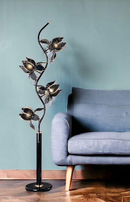 73" Black Metal Four Light LED Novelty Floor Lamp With Black Flowers Acrylic Shade HomeRoots