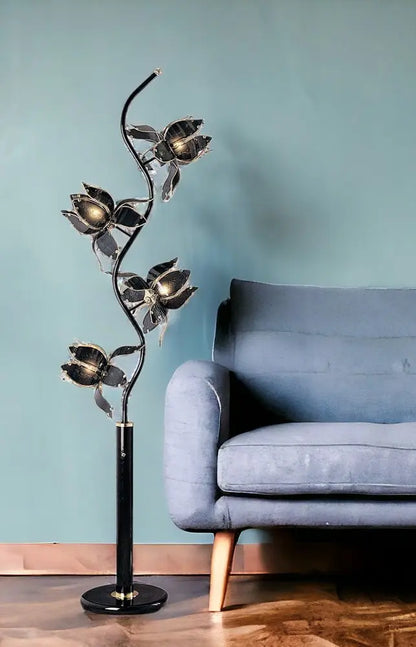 73" Black Four Light Floral Floor Lamp With Black and Gold Glass Shades HomeRoots