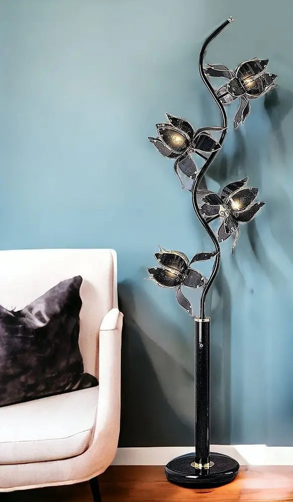73" Black Four Light Floral Floor Lamp With Black and Gold Glass Shades HomeRoots