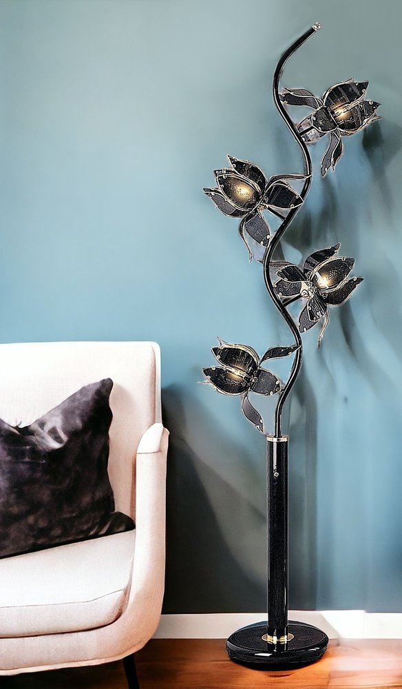73" Black Metal Four Light LED Novelty Floor Lamp With Black Flowers Acrylic Shade HomeRoots