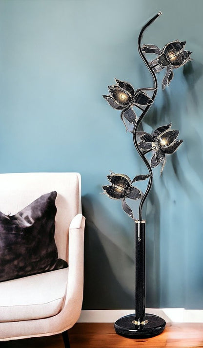 73" Black Metal Four Light LED Novelty Floor Lamp With Black Flowers Acrylic Shade HomeRoots