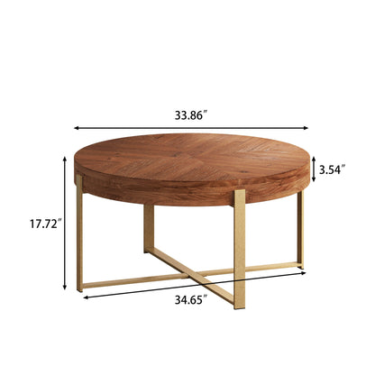 33.86"Modern Retro Splicing Round Coffee Table Fir Wood Table Top with Gold Cross Legs Base - FurniFindUSA