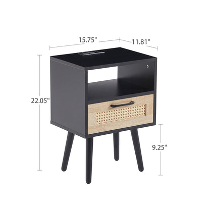15.75" Rattan End table with Power Outlet & USB Ports Modern nightstand with drawer and solid wood legs black - FurniFindUSA