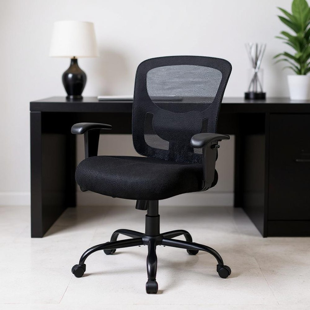 Black Fabric Mesh and Steel Adjustable Swivel Rolling Executive Office Chair HomeRoots