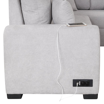 87.4"Sectional Sleeper Sofa with USB Charging Port and Plug Outlet Pull-Out Sofa Bed with 3 Pillows Grey - FurniFindUSA