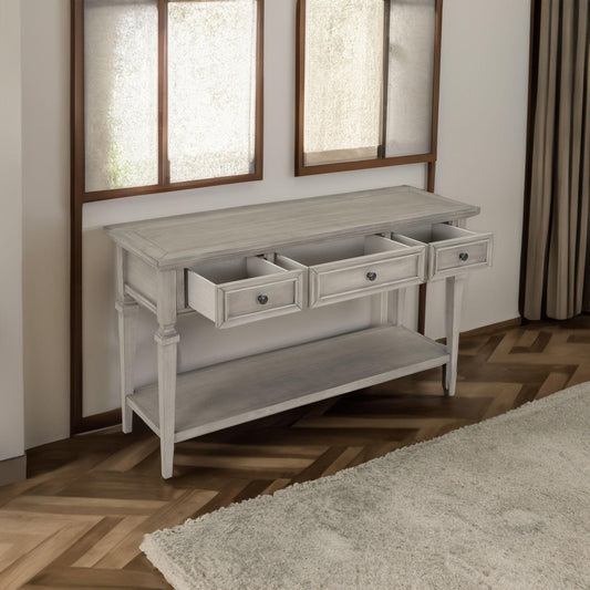 TREXM Classic Retro Style Console Table with Three Top Drawers and Open Style Bottom Shelf (Gray Wash) - FurniFindUSA