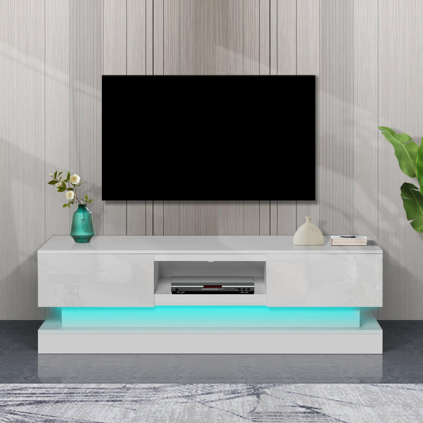 51.18inch WHITE morden TV Stand with LED Lights high glossy front TV Cabinet color:WHITE - FurniFindUSA