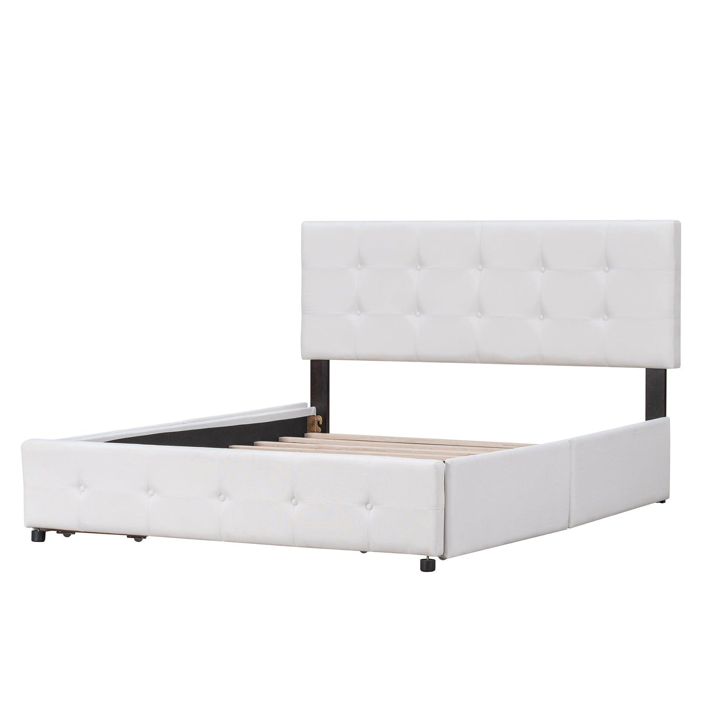 Upholstered Platform Bed with Classic Headboard and 4 Drawers No Box Spring Needed Linen Fabric Queen Size White - FurniFindUSA