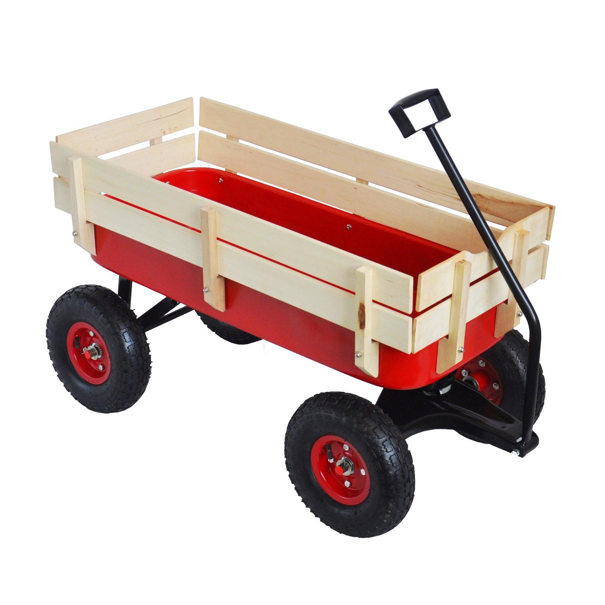 Outdoor Wagon All Terrain Pulling w/Wood Railing Air Tires Children Kid Garden（Red） - FurniFindUSA