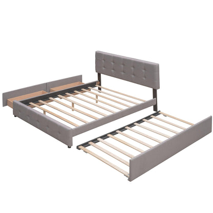 Upholstered Platform Bed with 2 Drawers and 1 Twin XL Trundle Linen Fabric Queen Size - Light Gray - FurniFindUSA