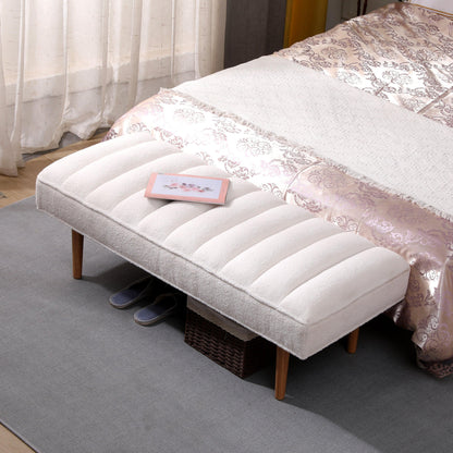 Channel Tufted Bench White Sherpa Upholstered End of Bed Benches with Wooden Legs (White) - FurniFindUSA