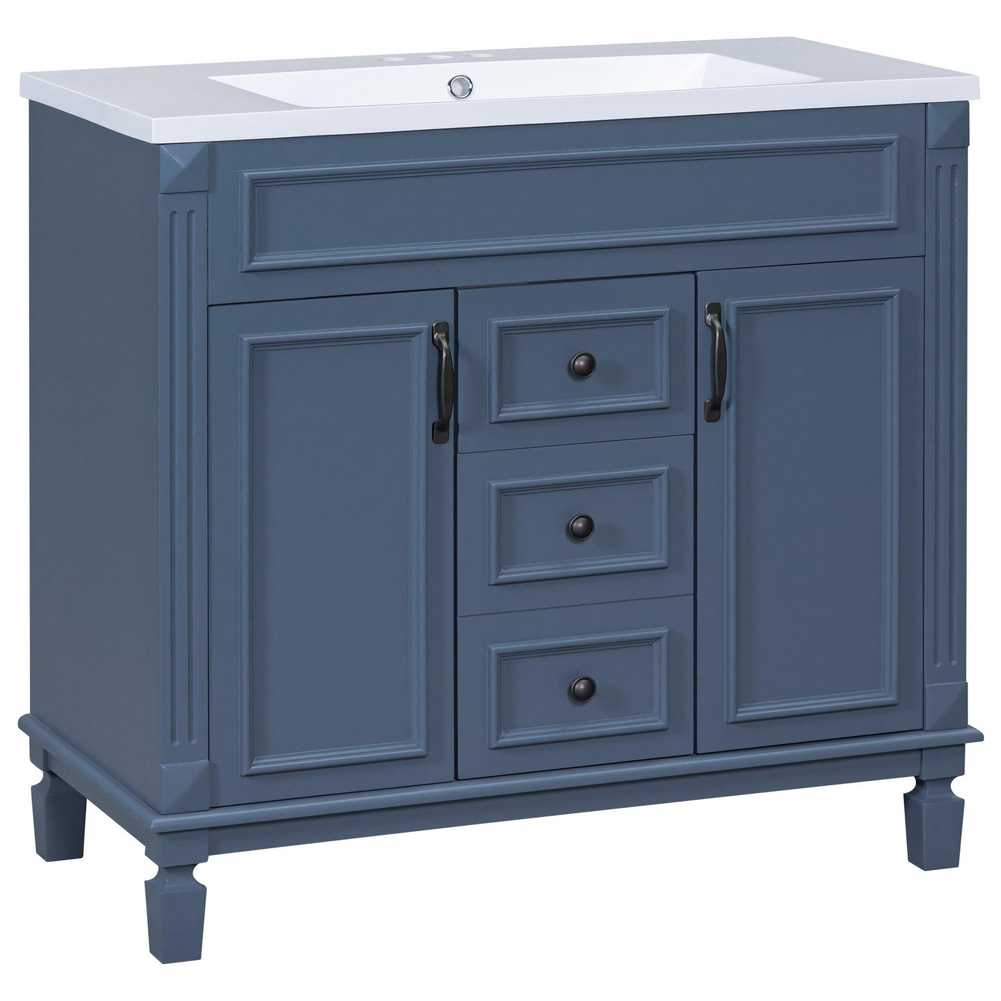 36 inch blue bathroom vanity with top sink, 2 soft doors and 2 drawers, single sink bathroom vanity - FurniFindUSA