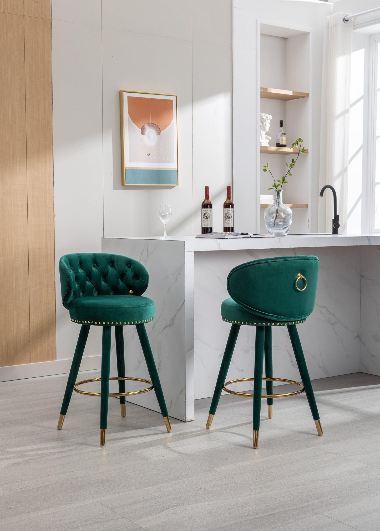 COOLMORE Counter Height Bar Stools Set of 2 for Kitchen Counter Solid Wood Legs with a fixed height of 360 degrees Emerald - FurniFindUSA