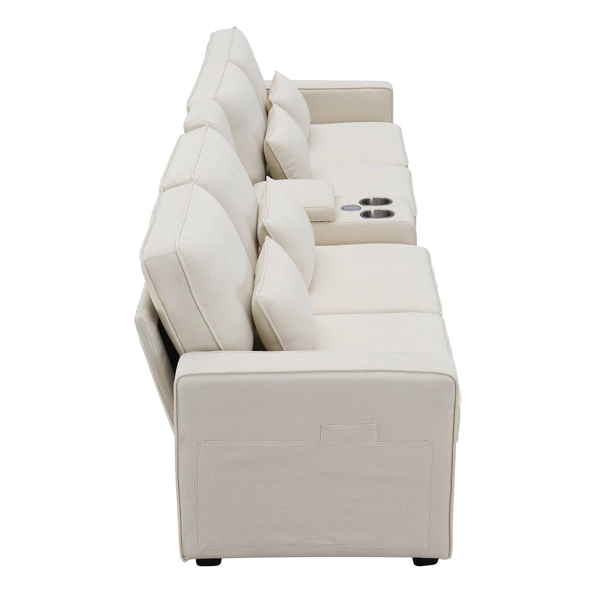 114.2" Upholstered Sofa with Console 2 Cupholders and 2 USB Ports Wired or Wirelessly Charged (4-Seat) - FurniFindUSA