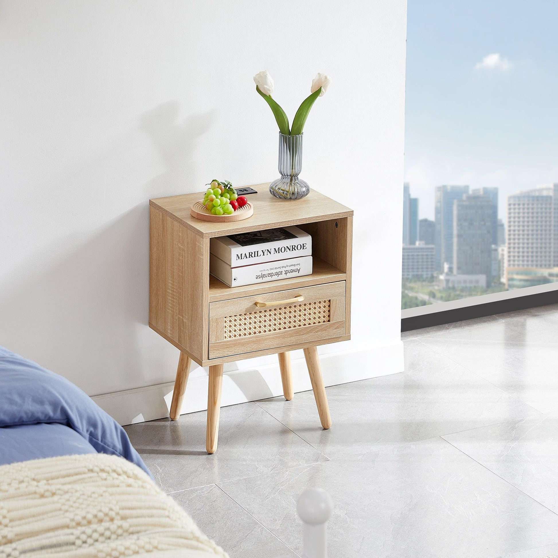 15.75" Rattan End table with Power Outlet & USB Ports Modern nightstand with drawer and solid wood legs - FurniFindUSA