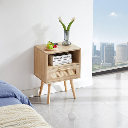 15.75" Rattan End table with Power Outlet & USB Ports Modern nightstand with drawer and solid wood legs - FurniFindUSA