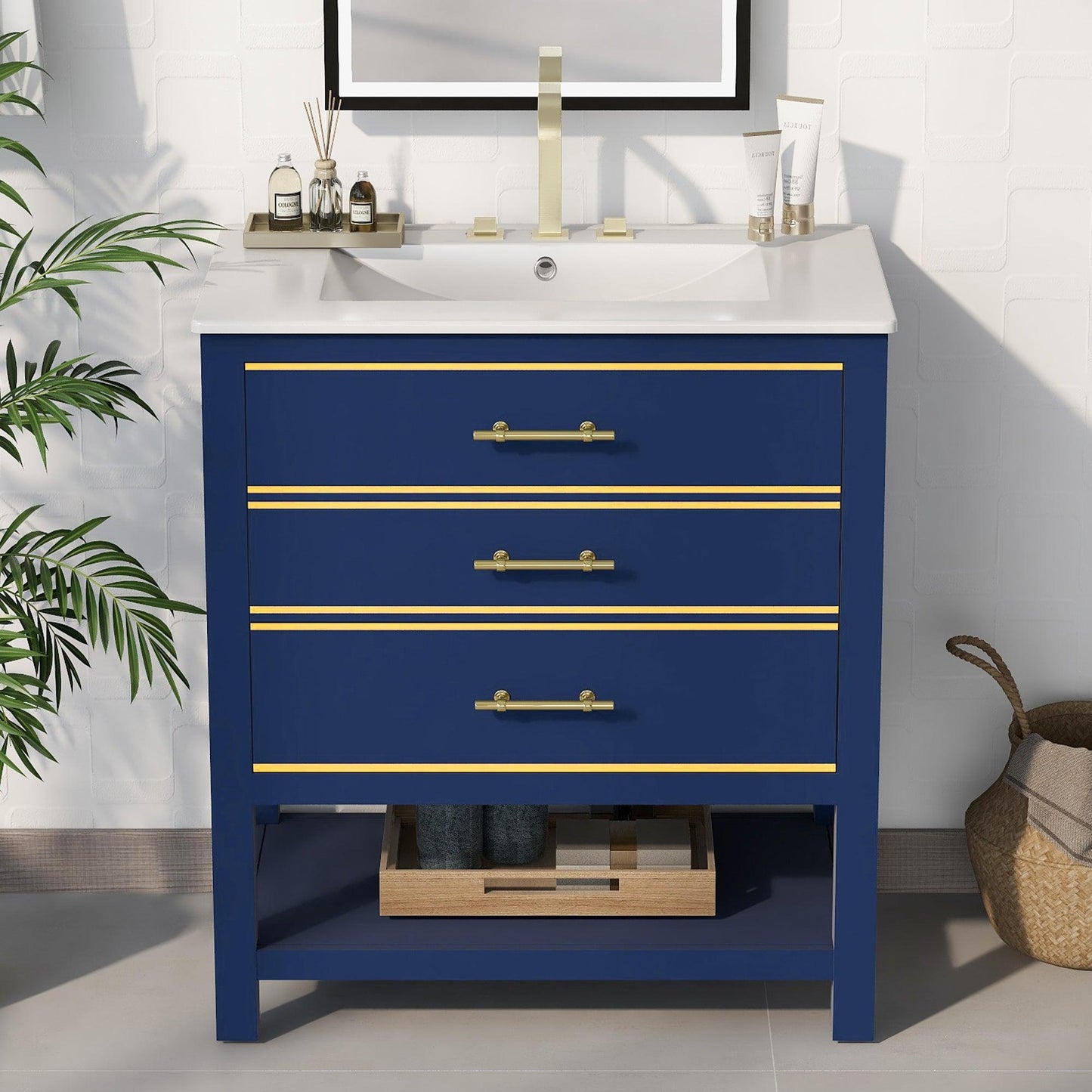 [Viedo]Modern 30inch Navy Blue/White Bathroom Vanity Cabinet Combo with Open Storge, Two Drawers - FurniFindUSA