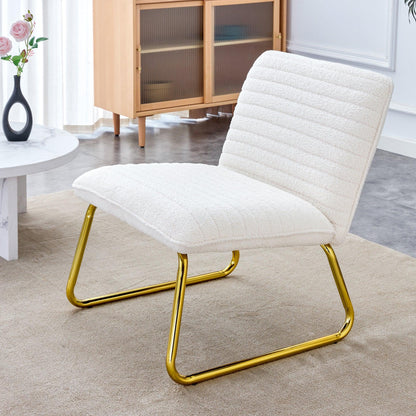 One White minimalist armless sofa chair with plush cushion and backrest paired with golden metal legs - FurniFindUSA