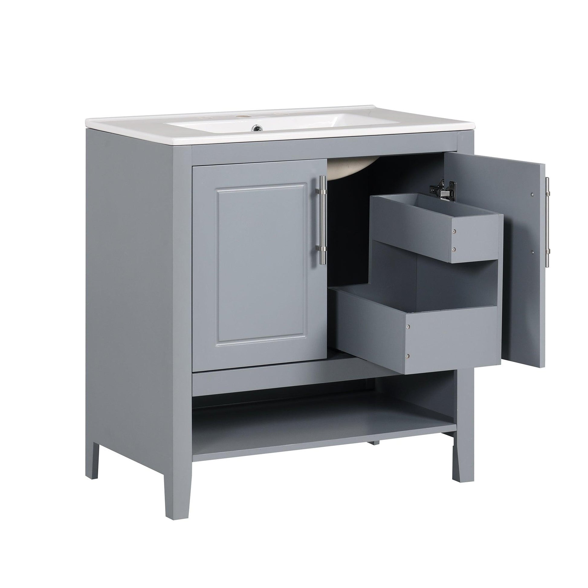 30" Bathroom Vanity with Sink, Multi-functional Bathroom Cabinet with Doors and Drawers, Solid Frame and MDF Board, Grey - FurniFindUSA