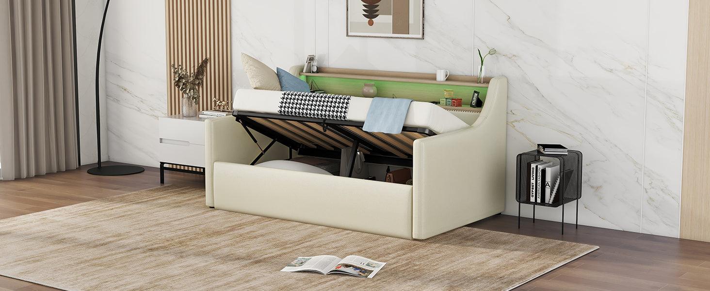 Twin Size Daybed with Hydraulic Storage Upholstered Daybed with Lift Up Storage Beige - FurniFindUSA