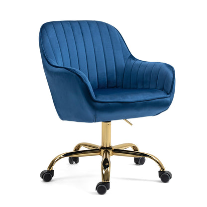 360° Dark Blue Velvet Swivel Chair With High Back Adjustable Working Chair With Golden Color Base - FurniFindUSA