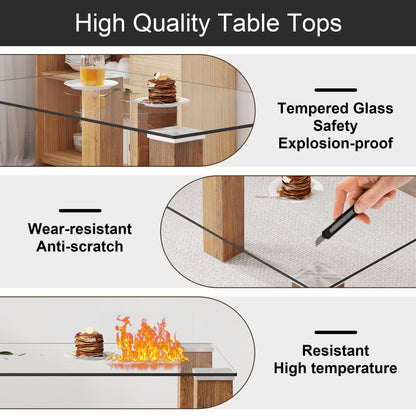 Modern minimalist rectangular dining table Glass desktop and wooden MDF table legs - FurniFindUSA