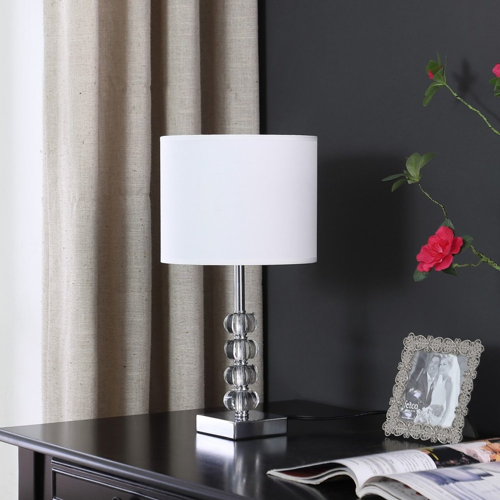 18" Silver Metal and Glass Orbs Table Lamp With White Drum Shade HomeRoots