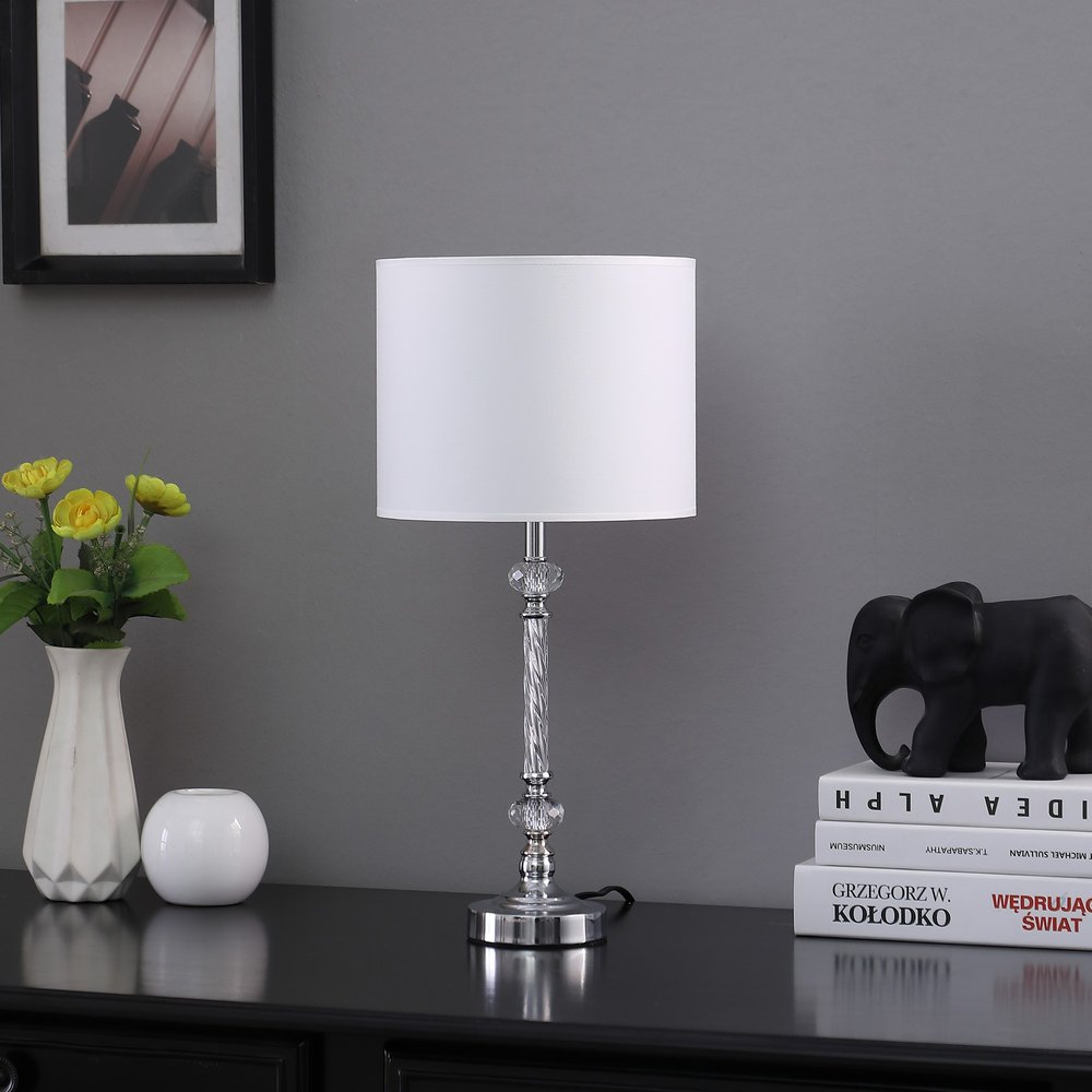 19" Silver Metal and Faux Crystal Table Lamp With White Drum Shade HomeRoots