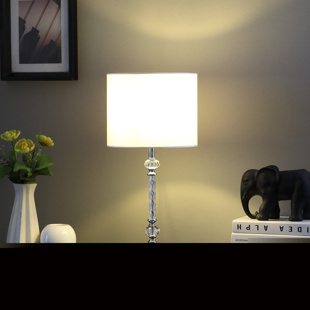 19" Silver Metal and Faux Crystal Table Lamp With White Drum Shade HomeRoots