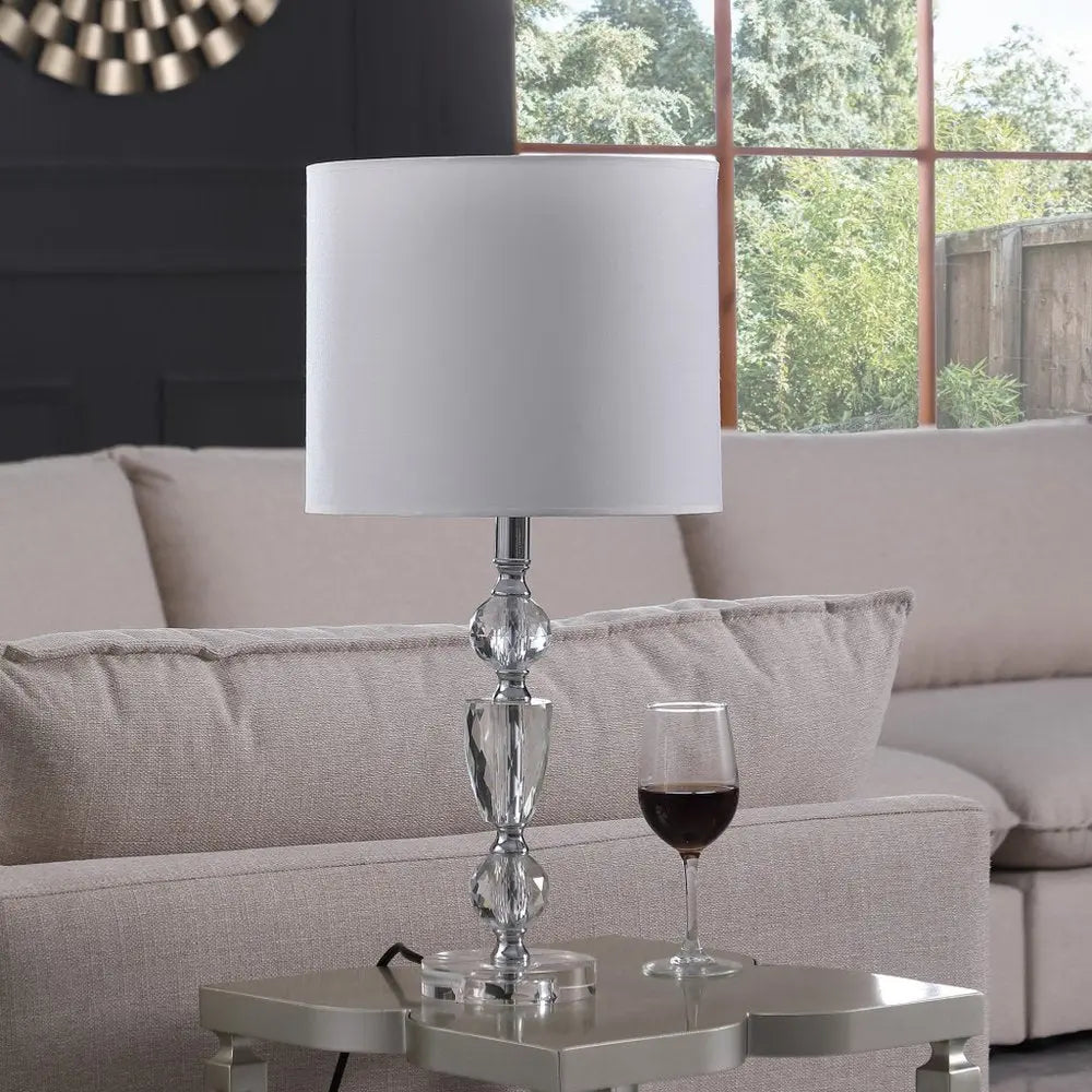 24" Clear And Silver Faux Crystal And Metal Table Lamp With White Drum Shade HomeRoots