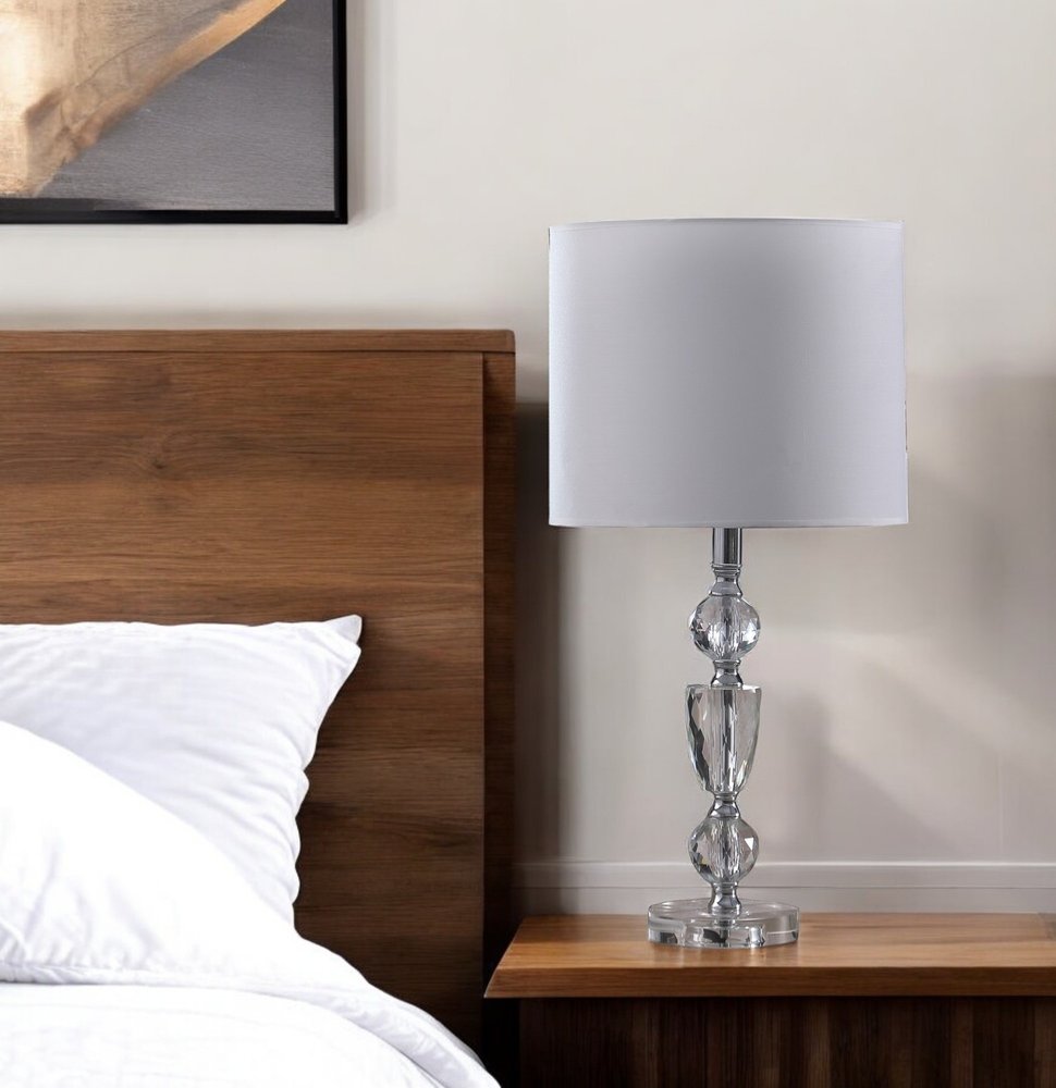 24" Clear And Silver Faux Crystal And Metal Table Lamp With White Drum Shade HomeRoots