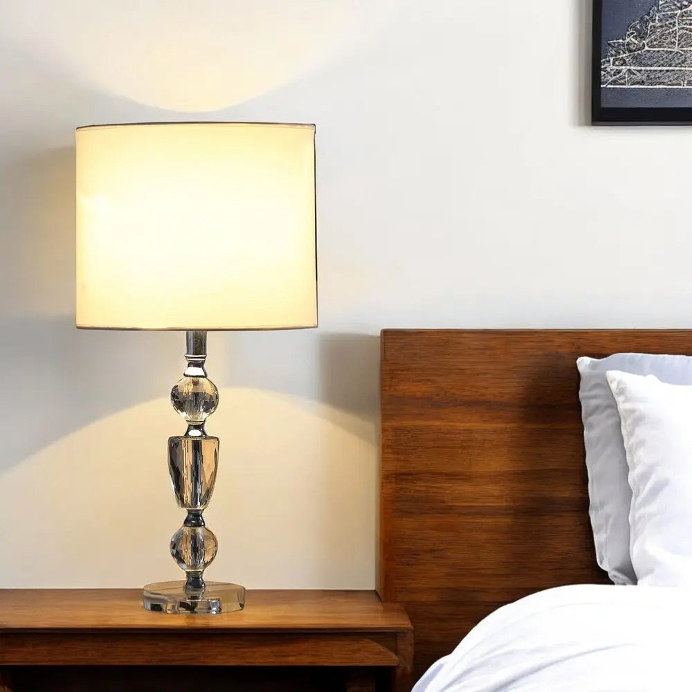 24" Clear And Silver Faux Crystal And Metal Table Lamp With White Drum Shade HomeRoots