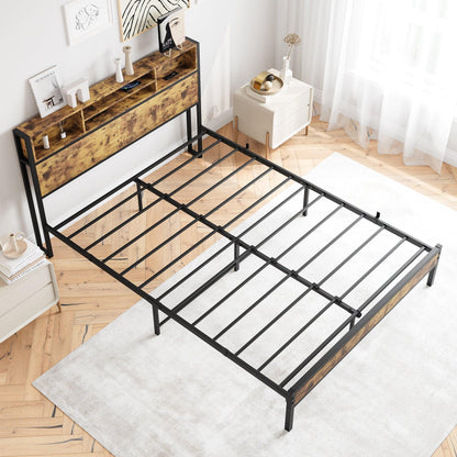 Queen Bed Frame with Storage Headboard Metal Platform Bed with Charging Station Bookcase Storage Black - FurniFindUSA