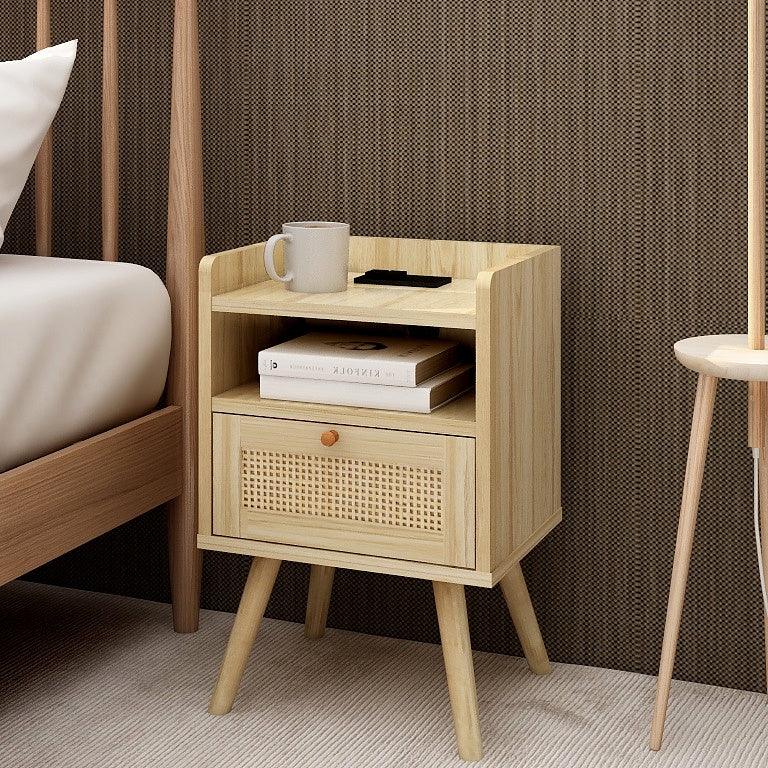 Natural Handmade Rattan Nightstand with 1 AC Outlet 2 USB Ports 1 Type C Port End Table - FurniFindUSA