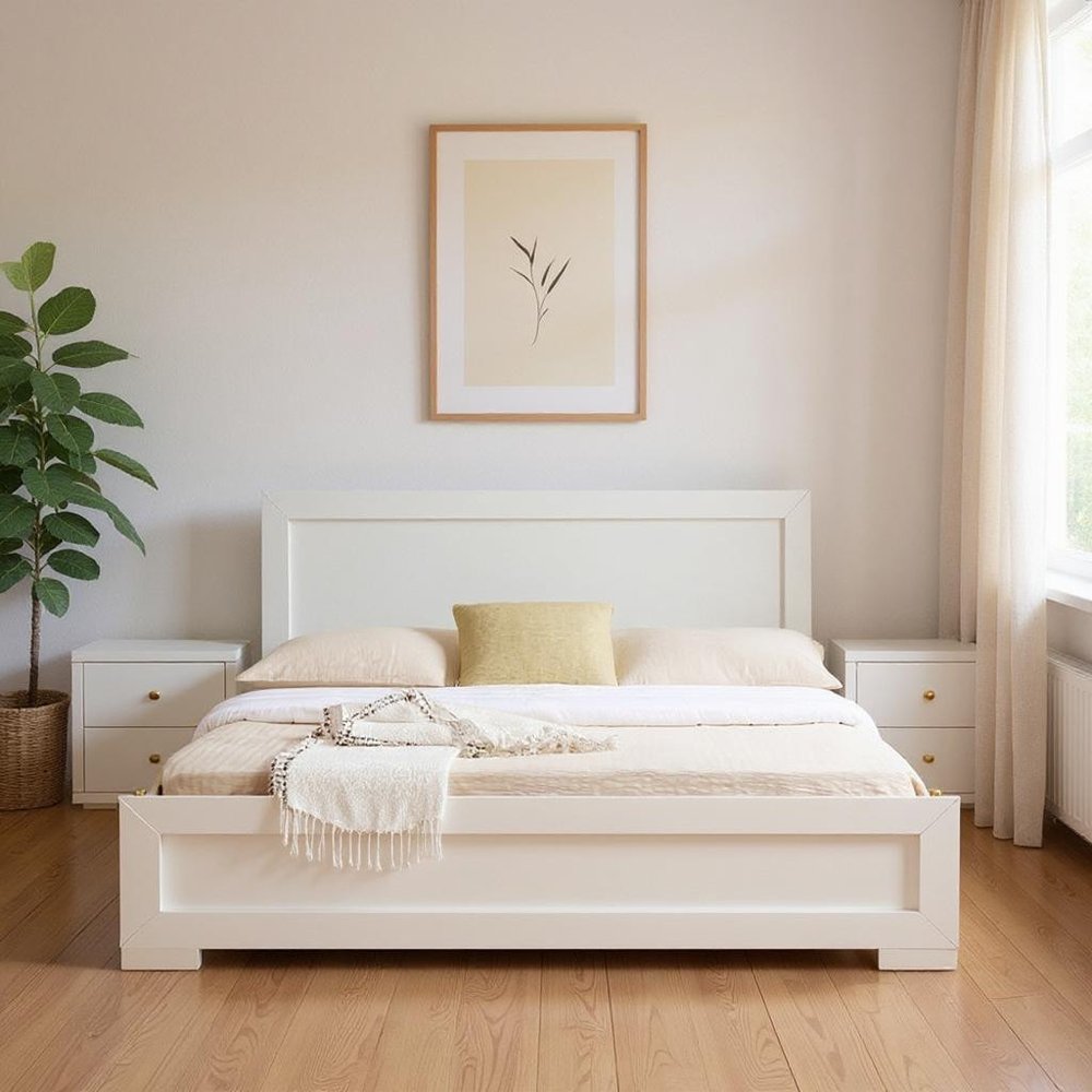 Moma White Wood Platform Queen Bed With Two Nightstands — view 9