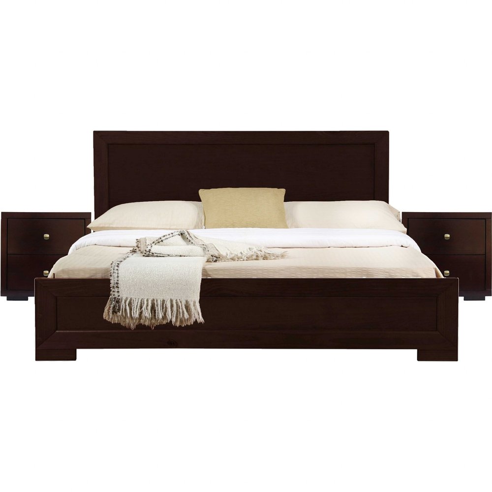 Moma Espresso Wood Platform Queen Bed With Two Nightstands — view 1