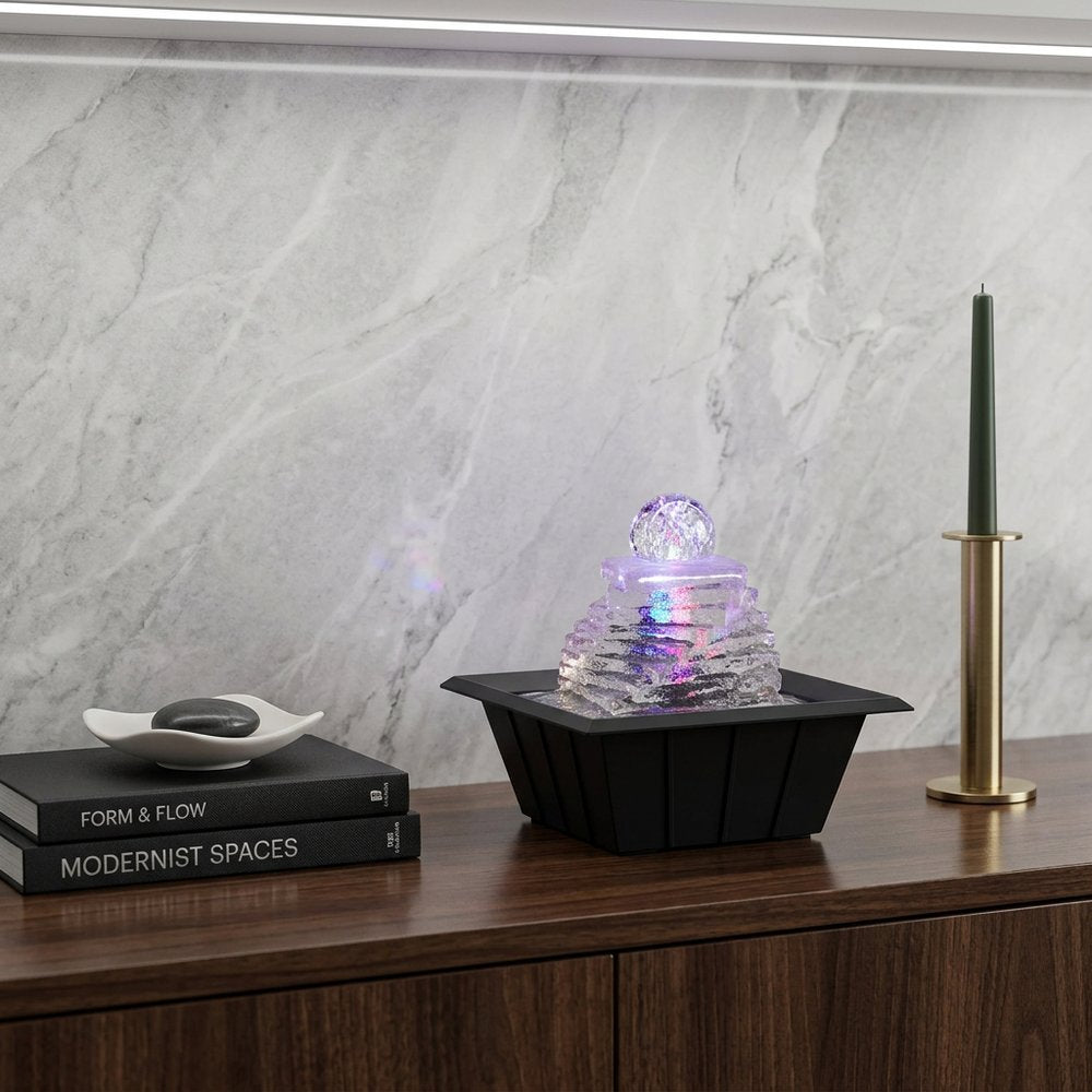8" Clear Polyresin Ice Design Tabletop Fountain With LED HomeRoots