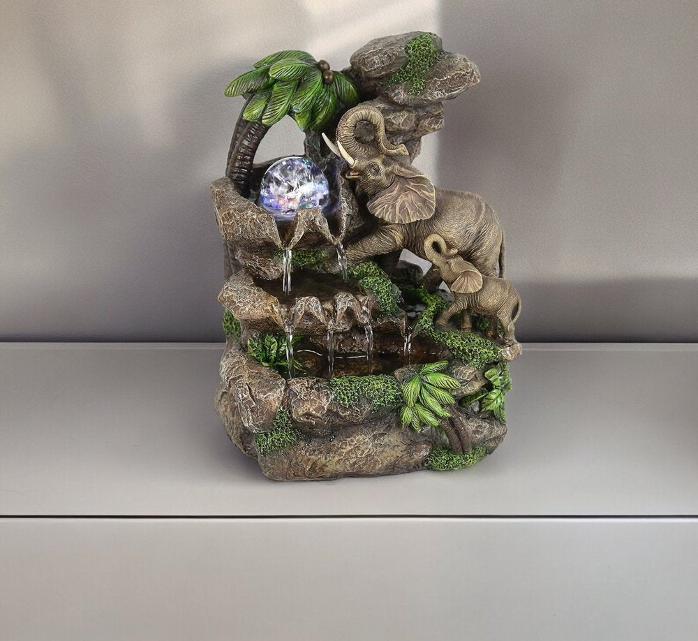 11" Gray  Polyresin Elephant Tabletop Fountain with Light HomeRoots
