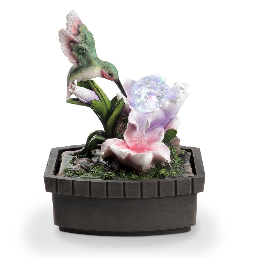 11" Pink Green And Brown Polyresin Hummingbird Tabletop Fountain HomeRoots