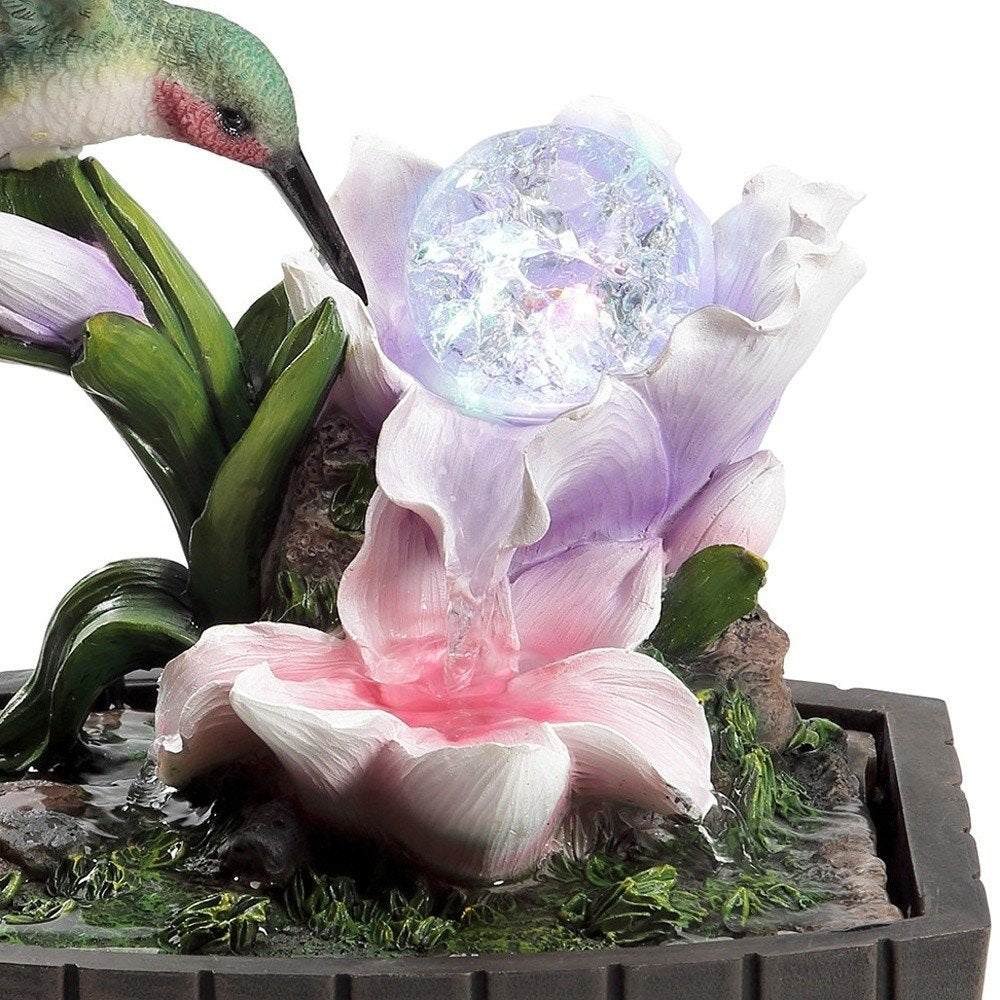 11" Pink Green And Brown Polyresin Hummingbird Tabletop Fountain HomeRoots